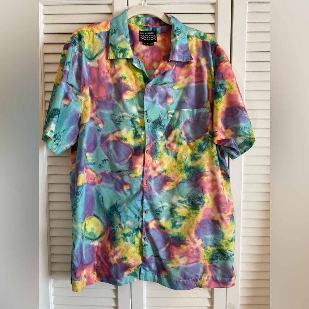 Tie Dye Short Sleeve Button Up Shirt Men’s Sz L Multicolored Surf & Swim Co